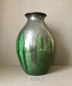 Max Laeuger Lauger Vase for Karlsruhe, Black Green Drip Glaze Baden Pottery 33cm