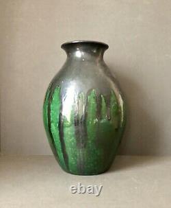Max Laeuger Lauger Vase for Karlsruhe, Black Green Drip Glaze Baden Pottery 33cm