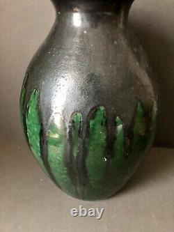 Max Laeuger Lauger Vase for Karlsruhe, Black Green Drip Glaze Baden Pottery 33cm