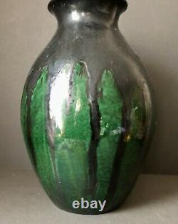 Max Laeuger Lauger Vase for Karlsruhe, Black Green Drip Glaze Baden Pottery 33cm