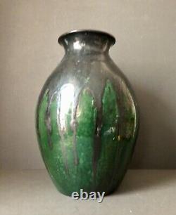 Max Laeuger Lauger Vase for Karlsruhe, Black Green Drip Glaze Baden Pottery 33cm