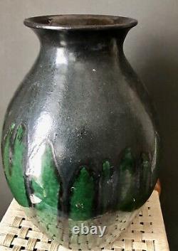 Max Laeuger Lauger Vase for Karlsruhe, Black Green Drip Glaze Baden Pottery 33cm