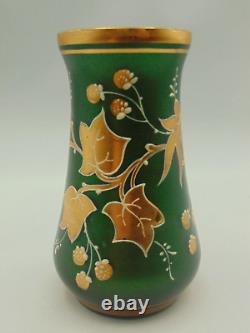 Mini Harrach Green Aventurine & Gold Hand Painted Berry Art Nouveau Glass Vase