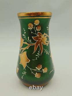 Mini Harrach Green Aventurine & Gold Hand Painted Berry Art Nouveau Glass Vase