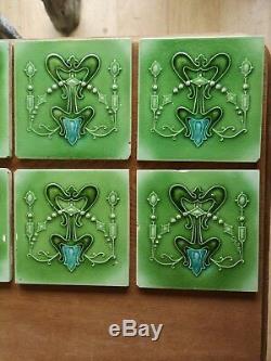 Minton Hollin Antique Art Nouveau X 10 Fireplace Tiles Rare Green Victorian