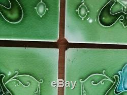 Minton Hollins Antique Art Nouveau X 10 fireplace tiles RARE green Victorian