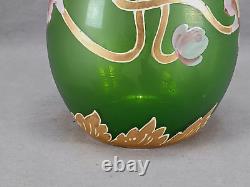 Mont Joye French Hand Painted Floral Art Nouveau Green Art Glass Vase 1900-1920