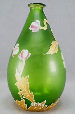 Mont Joye French Hand Painted Floral Art Nouveau Green Art Glass Vase 1900 20