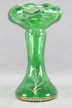 Mont Joye French Hand Painted Pink & Purple Floral Green Art Glass Vase C. 1900