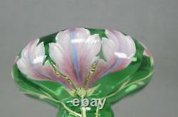 Mont Joye French Hand Painted Pink & Purple Floral Green Art Glass Vase C. 1900