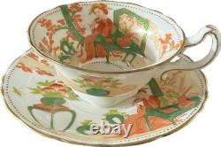 Moore Bros Art Nouveau Teacup w Figure Japonisme Orange Green 1902-05 porcelain