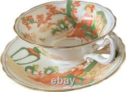 Moore Bros Art Nouveau Teacup w Figure Japonisme Orange Green 1902-05 porcelain