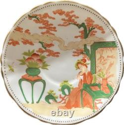 Moore Bros Art Nouveau Teacup w Figure Japonisme Orange Green 1902-05 porcelain