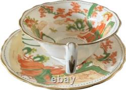 Moore Bros Art Nouveau Teacup w Figure Japonisme Orange Green 1902-05 porcelain