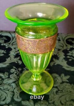 Moser-Hoffman Vaseline Glass Flared Rim, Gorgeous Warriors Gold Frieze, 1890's