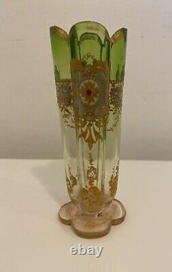 Moser Style Czech, Petal Shape Enameled Small Vase, Pink to Green, Gold, Nouveau