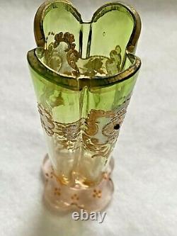 Moser Style Czech, Petal Shape Enameled Small Vase, Pink to Green, Gold, Nouveau
