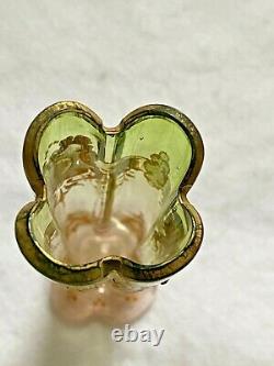 Moser Style Czech, Petal Shape Enameled Small Vase, Pink to Green, Gold, Nouveau