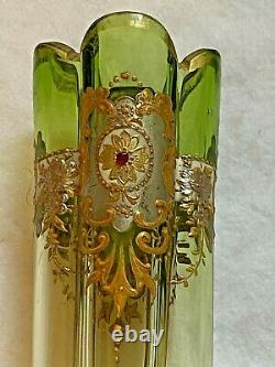 Moser Style Czech, Petal Shape Enameled Small Vase, Pink to Green, Gold, Nouveau