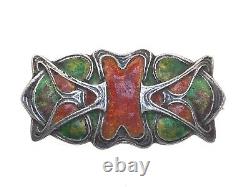 Murrle Bennett Silver & enamel brooch antique art nouveau Green & Orange 10.8g