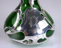 N950 Antique American Silver Overlay To Green Glass Scent Perfume Bottle