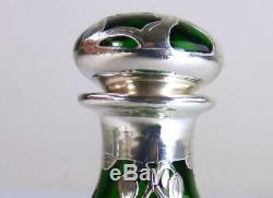 N950 Antique American Silver Overlay To Green Glass Scent Perfume Bottle