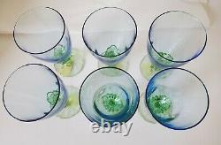 NEW Set 6 Bormioli Rocco BAHIA PATTERN Glass WATER GOBLETS Blue & Green stem