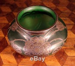 NICE Antique Loetz Bohemian Art Nouveau Green Glass Silver Overlay Cabinet Vase