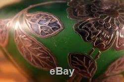NICE Antique Loetz Bohemian Art Nouveau Green Glass Silver Overlay Cabinet Vase