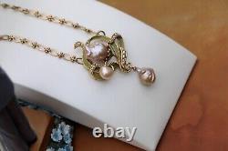 Necklace Art Nouveau Sheet Green Pearl Baroque Pink Vintage Style QD12