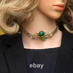 Necklace Choker Hair Jewelry Flower Green Enamel Pearl Jade Art Nouveau XZ16