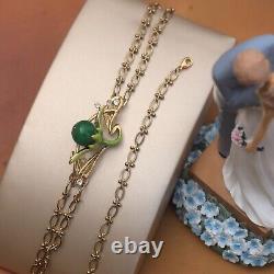 Necklace Choker Hair Jewelry Flower Green Enamel Pearl Jade Art Nouveau XZ16