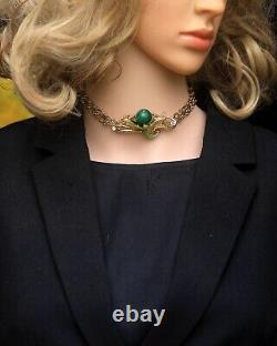 Necklace Choker Hair Jewelry Flower Green Enamel Pearl Jade Art Nouveau XZ16