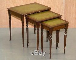 Nest Of Three Flamed Mahogany Green Leather Top & Gold Leaf Embossed Side Tables