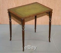 Nest Of Three Flamed Mahogany Green Leather Top & Gold Leaf Embossed Side Tables