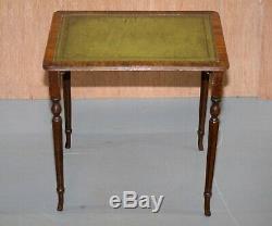 Nest Of Three Flamed Mahogany Green Leather Top & Gold Leaf Embossed Side Tables