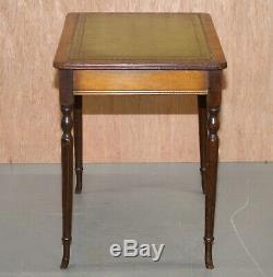 Nest Of Three Flamed Mahogany Green Leather Top & Gold Leaf Embossed Side Tables