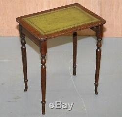 Nest Of Three Flamed Mahogany Green Leather Top & Gold Leaf Embossed Side Tables