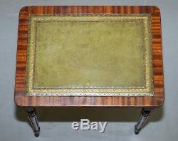 Nest Of Three Flamed Mahogany Green Leather Top & Gold Leaf Embossed Side Tables