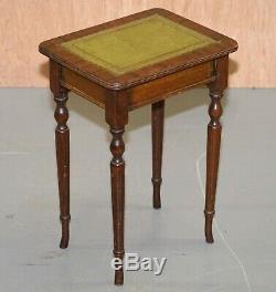 Nest Of Three Flamed Mahogany Green Leather Top & Gold Leaf Embossed Side Tables