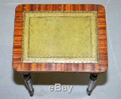 Nest Of Three Flamed Mahogany Green Leather Top & Gold Leaf Embossed Side Tables