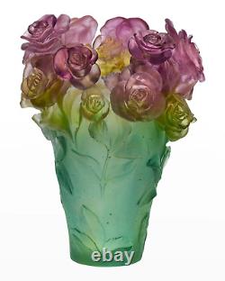 New Daum Numbered Ed Rose Passion Green & Pink Vase Large #05282 Brand Nib F/sh