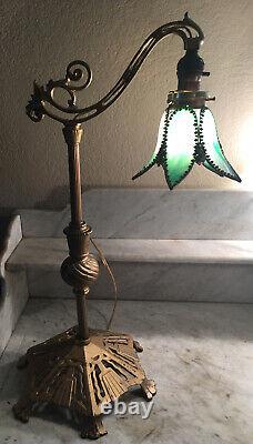 Nice! Antique Art Nouveau Bridge Arm Table Lamp Tulip Green Slag Glass Shade