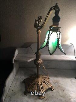 Nice! Antique Art Nouveau Bridge Arm Table Lamp Tulip Green Slag Glass Shade