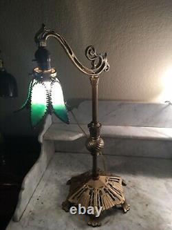 Nice! Antique Art Nouveau Bridge Arm Table Lamp Tulip Green Slag Glass Shade