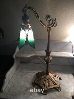 Nice! Antique Art Nouveau Bridge Arm Table Lamp Tulip Green Slag Glass Shade