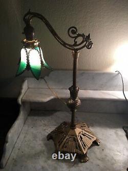 Nice! Antique Art Nouveau Bridge Arm Table Lamp Tulip Green Slag Glass Shade