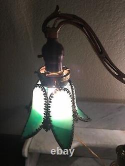 Nice! Antique Art Nouveau Bridge Arm Table Lamp Tulip Green Slag Glass Shade