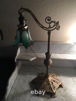 Nice! Antique Art Nouveau Bridge Arm Table Lamp Tulip Green Slag Glass Shade