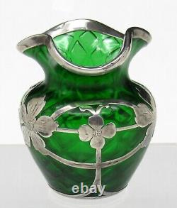 Nice Loetz or Steuben Quilted Art Glass Vase withLa Pierre Sterling Silver Overlay